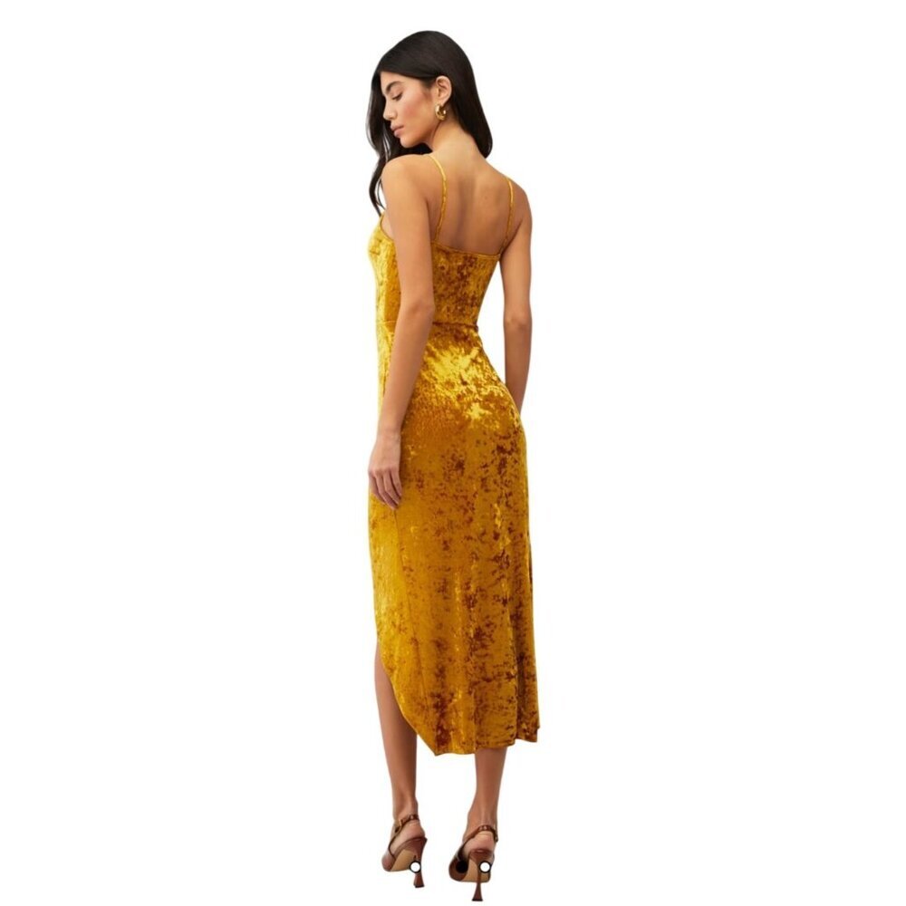 Saylor Gold Velvet Midi Dress With Spaghetti Straps & Side Slit For Women NWOT - Picture 3 of 8